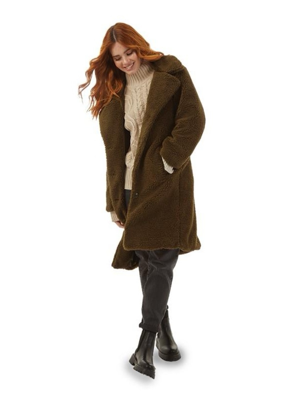 Super Soft French Connection Olive Green Teddy Coat - Size S